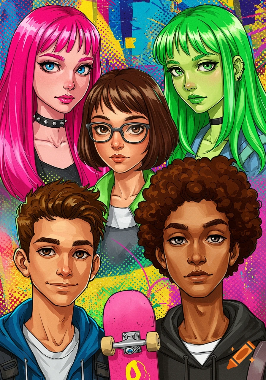 Vibrant pop art illustration of five stylized teenagers, one holding a pink skateboard, against a colorful graffiti background.
