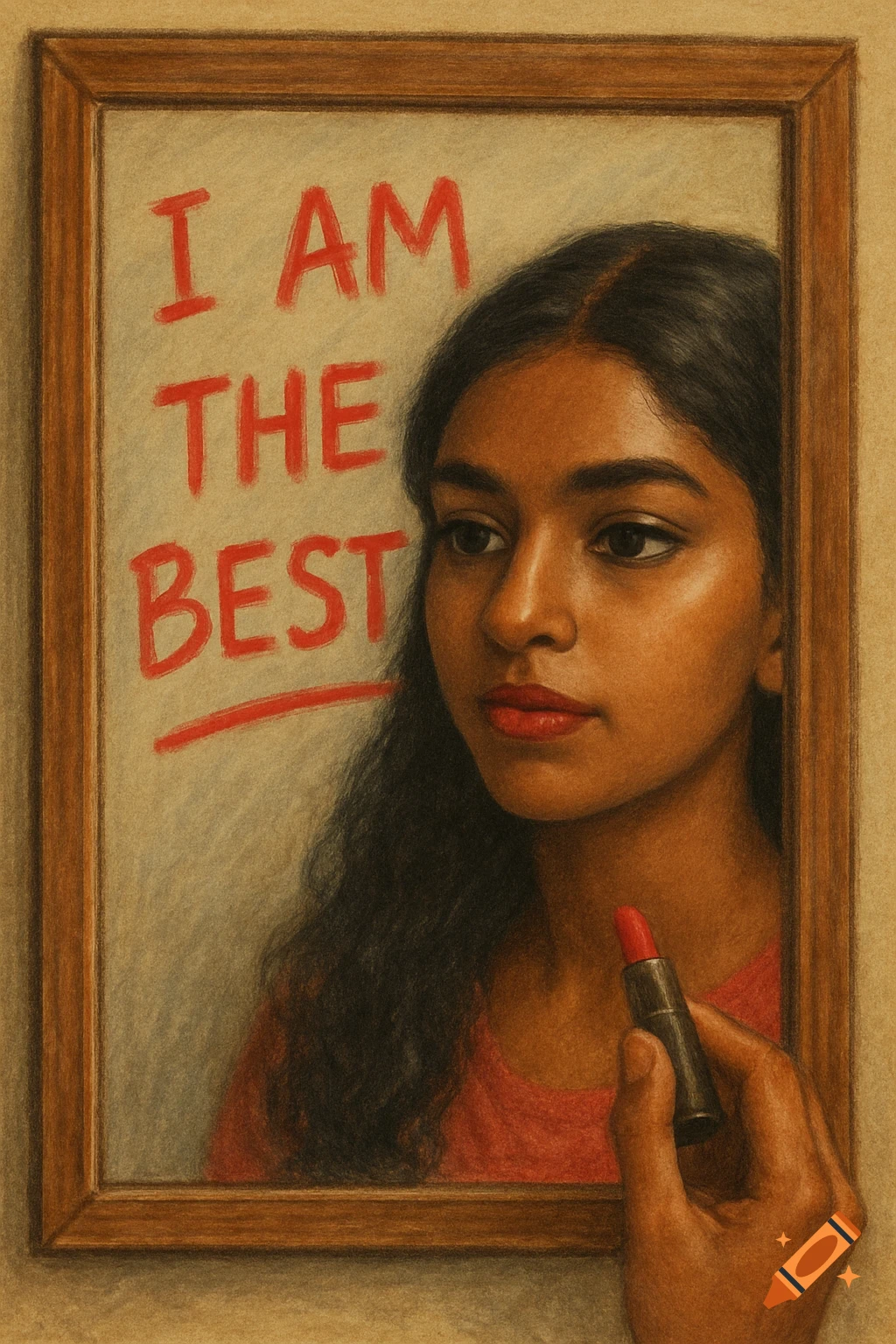 An illustration of an Indian girl's reflection in a bordered mirror, holding a red lipstick, with the text 'I AM THE BEST' written on the mirror.