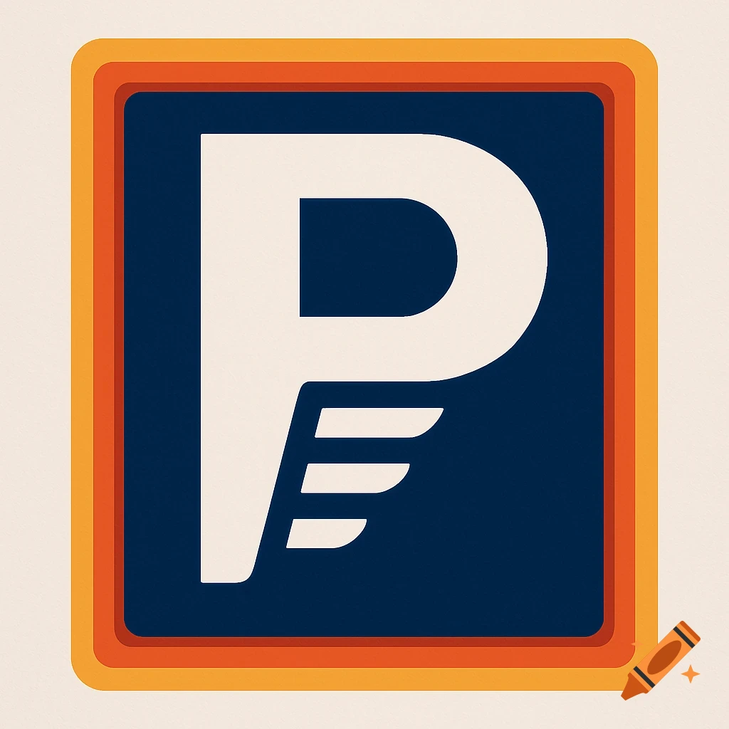 A stylized white letter P with three horizontal lines at its base, set on a dark blue square with rounded corners, framed by a layered orange and yellow border, in a retro style.
