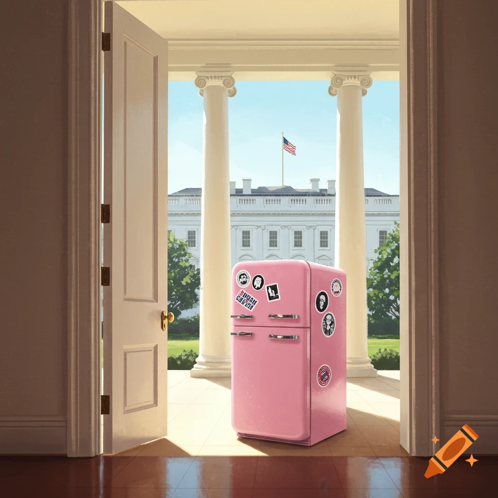 A pink mini-fridge with stickers stands in the open doorway of a room, looking out onto the White House columns and facade on a sunny day.