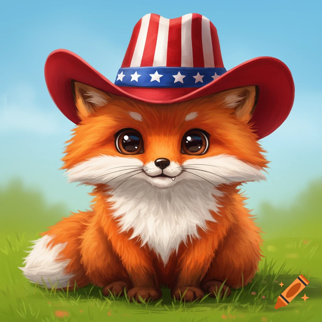 A cute, fluffy orange fox wearing a red, white, and blue patriotic cowboy hat sits in green grass.