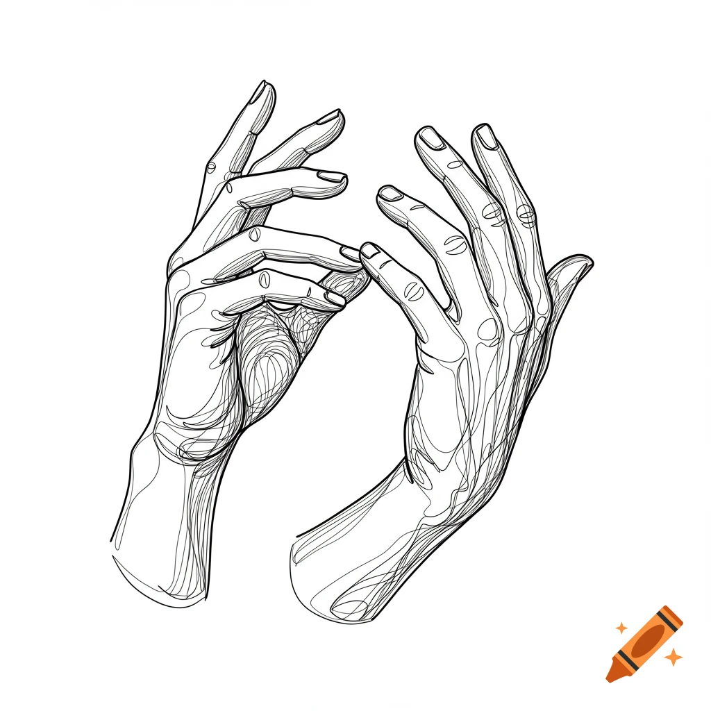 A continuous line drawing depicting two hands, in black outlines on a white background.