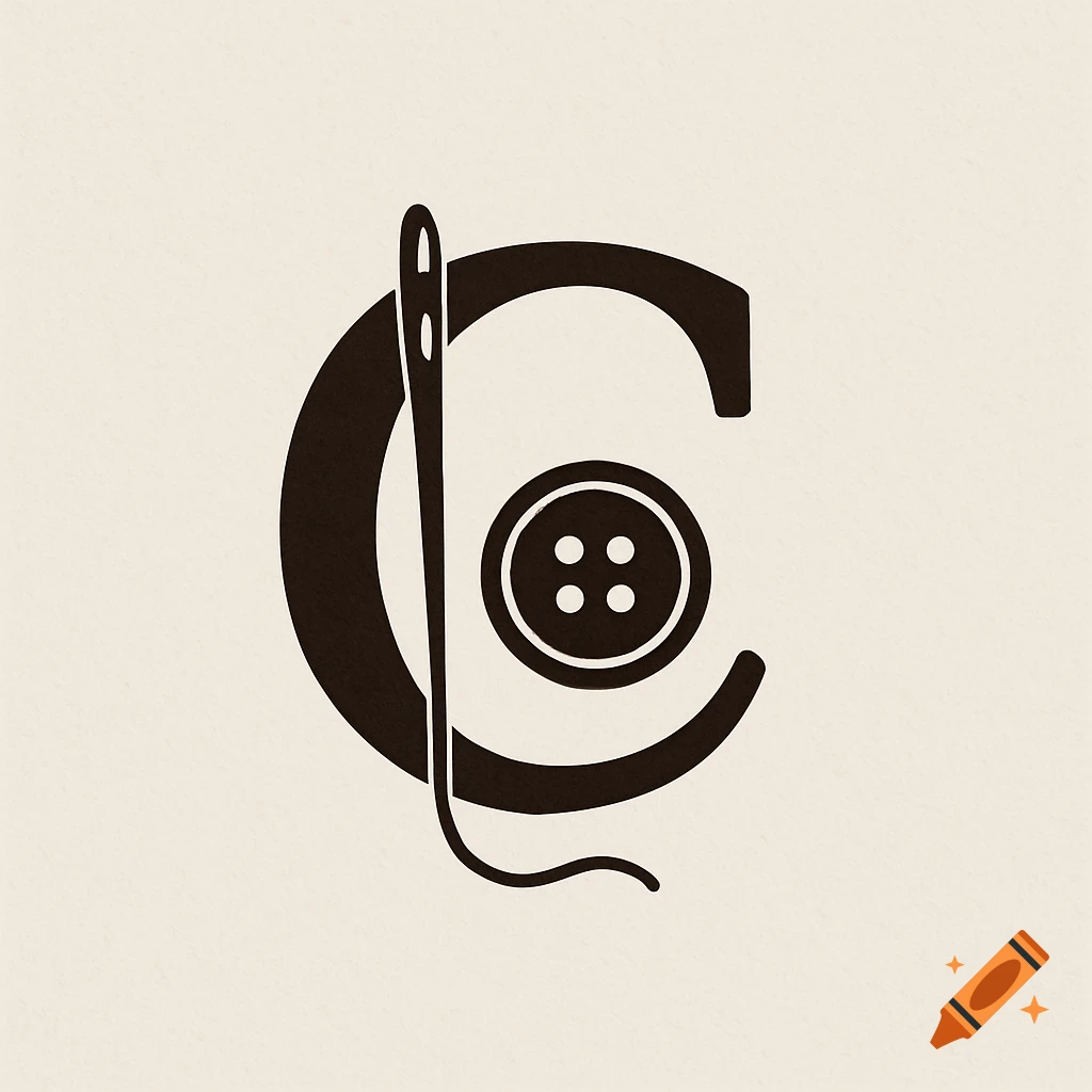 A black letter C combined with a sewing needle, thread, and button on a light beige background.