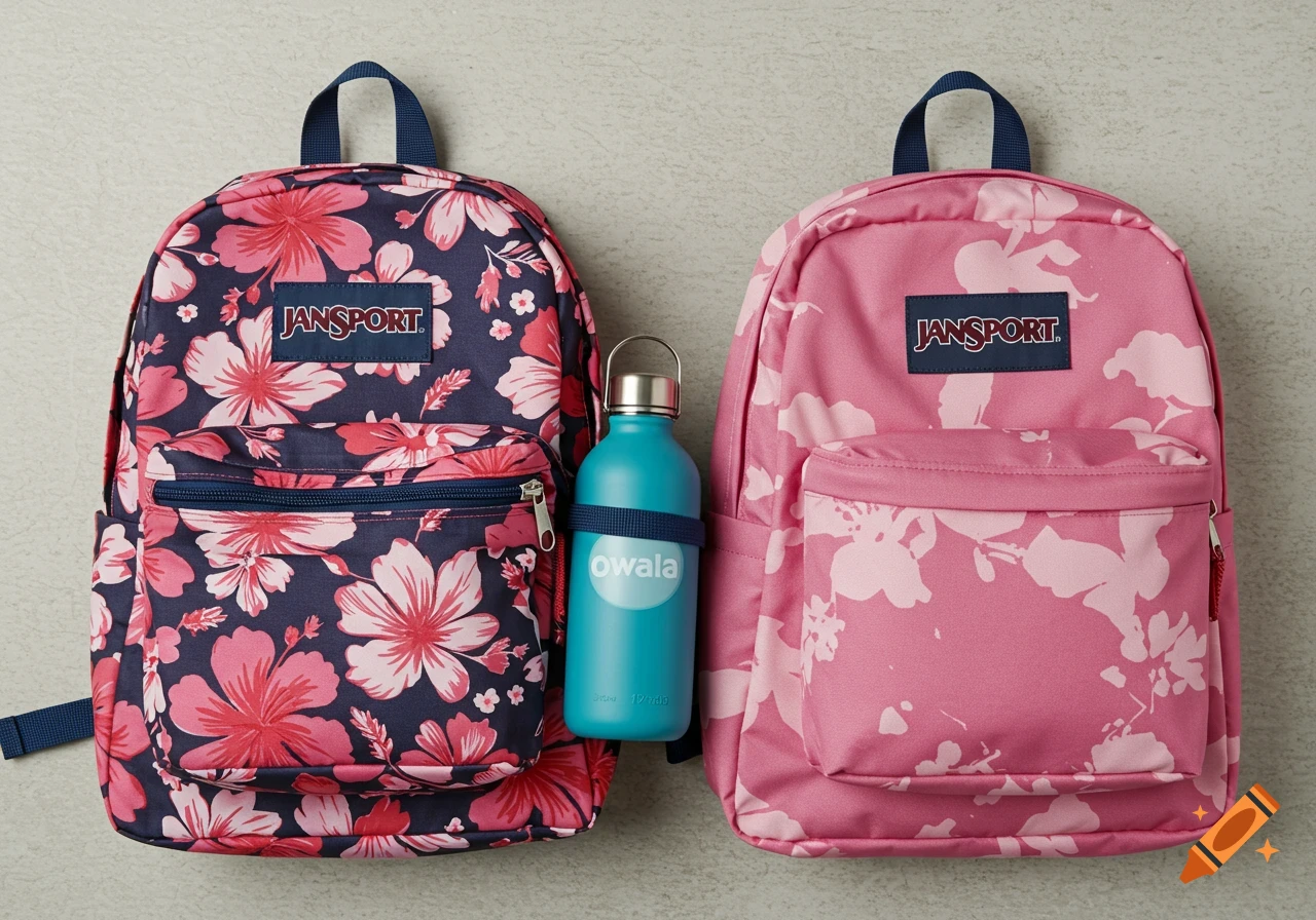 Two floral JanSport backpacks, one dark blue and one pink, with a turquoise Owala water bottle between them.