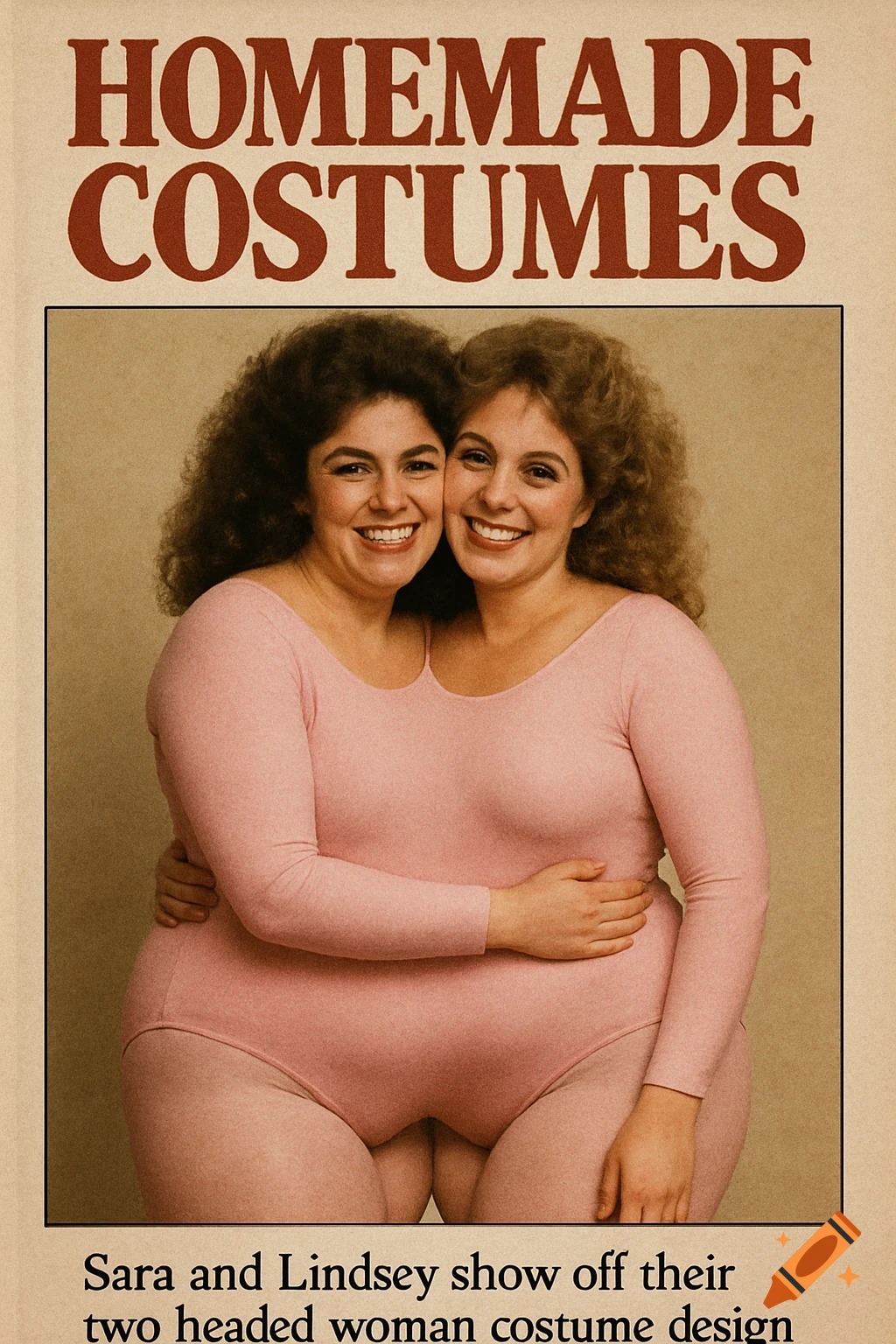 Two women in a pink leotard creating a two-headed woman illusion, titled "Homemade Costumes" in a vintage magazine style.