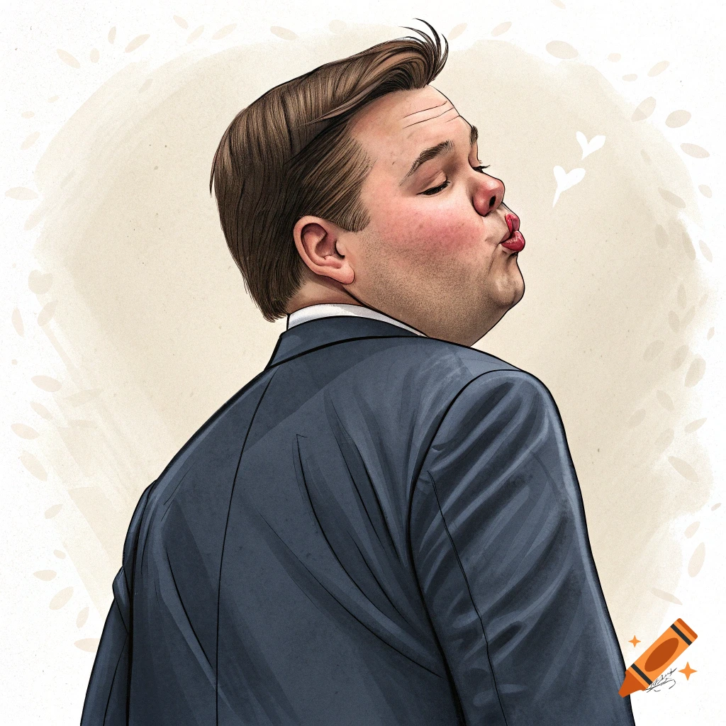 Caricature of JD Vance from behind, looking over his shoulder and blowing a kiss with heart shapes emanating from his lips.
