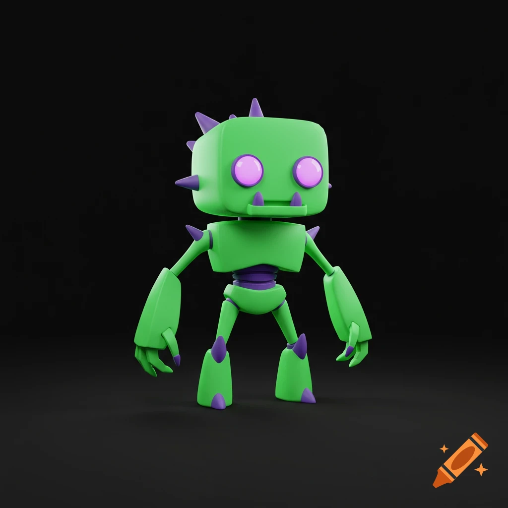 A cute, stylized green and purple geometric monster robot with big round eyes and spikes on its head, rendered as a 3D model on a black background.