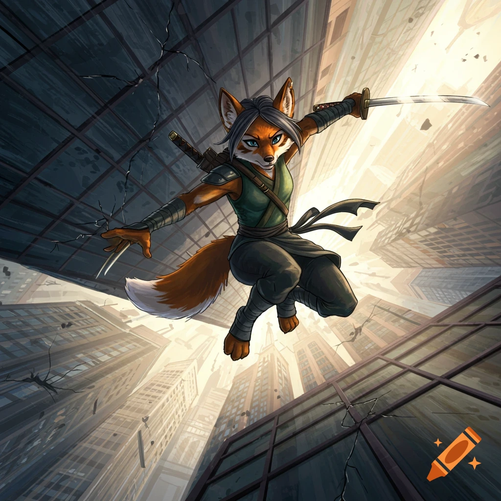 An anthropomorphic fox ninja, Alopex, mid-leap with a sword in a stylized cityscape, viewed from below.
