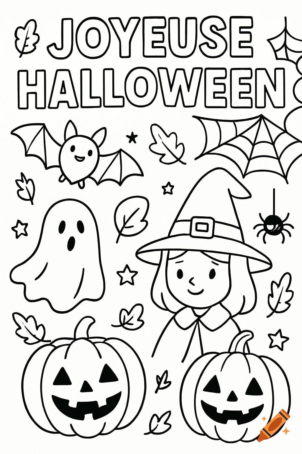 A black and white Halloween coloring page with a witch, ghost, bat, pumpkins, spider, and the text 'Joyeux Halloween'.