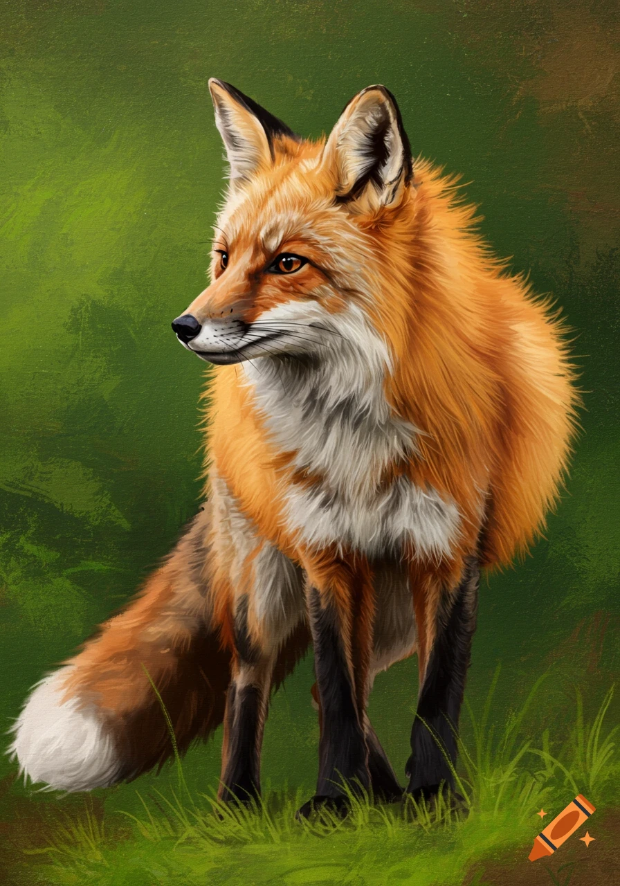 A detailed illustration of a red fox standing on green grass, looking to the left.