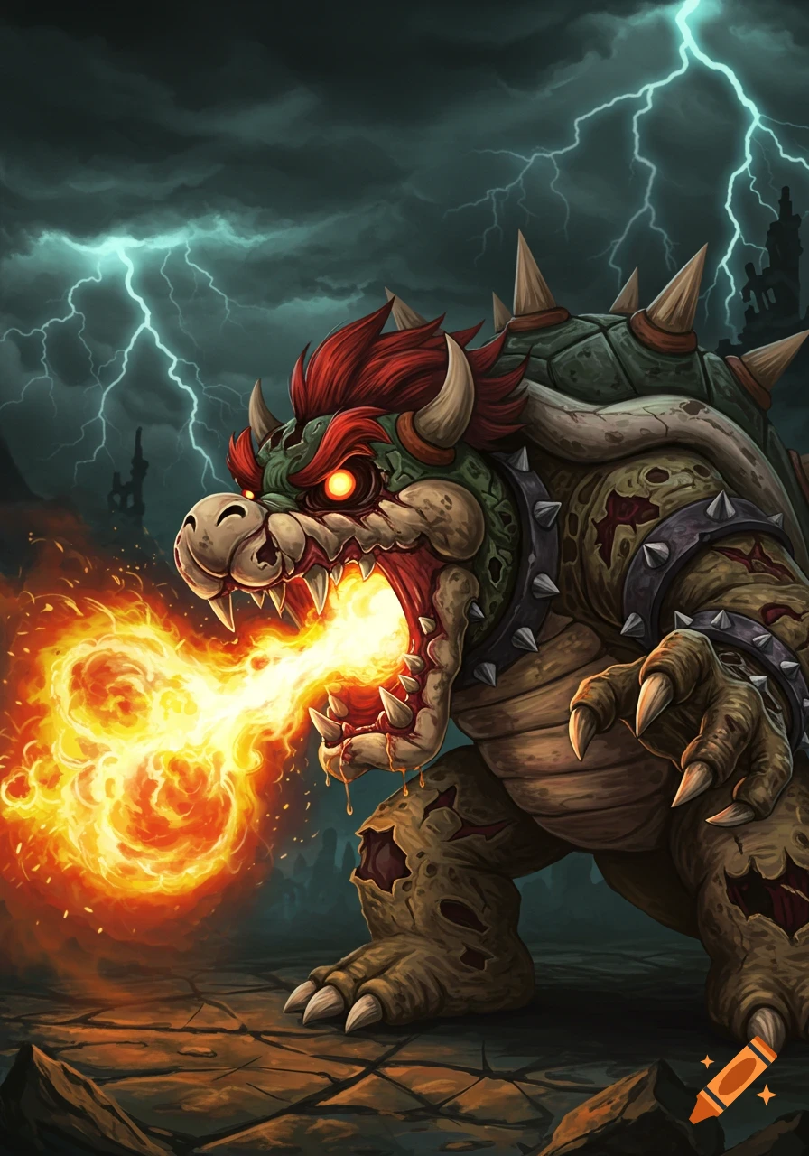 Zombie Bowser, a large turtle-like creature, breathes a stream of fire against a dark, stormy, lightning-filled sky.