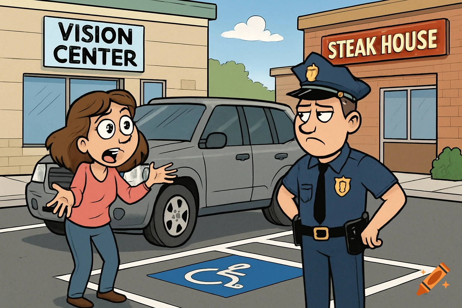 Cartoon of a woman arguing with a police officer in a parking lot, her SUV blocking a handicap space, with a vision center and steakhouse.