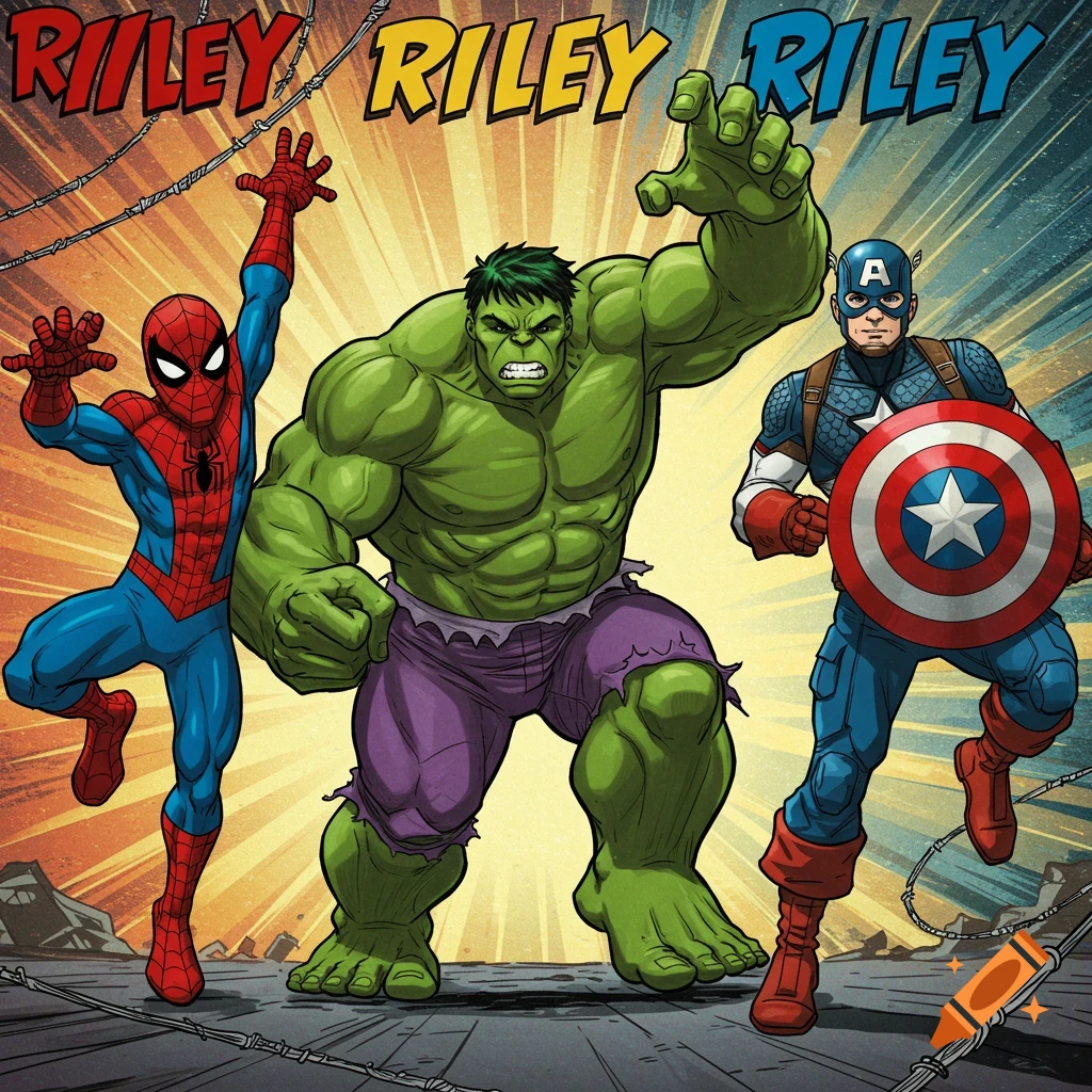 Spider-Man, Hulk, and Captain America pose together in a comic book art style, with the name "RILEY" written repeatedly above them.