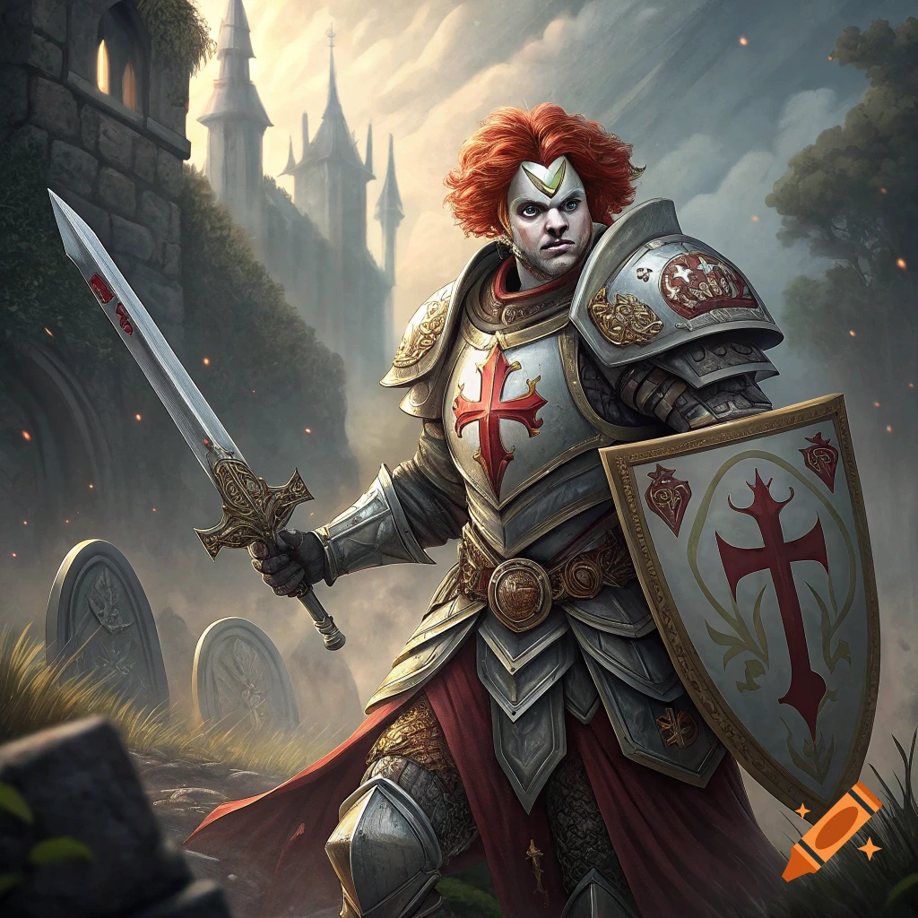 A red-haired, clown-faced knight in shining armor stands in a graveyard, holding a sword and shield with a red cross, with a castle in the background.