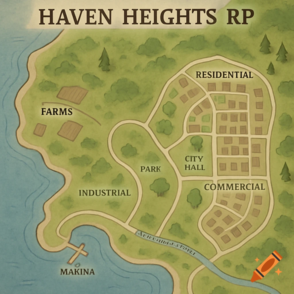 An illustrated top-down map of 'Haven Heights RP' featuring labeled ...