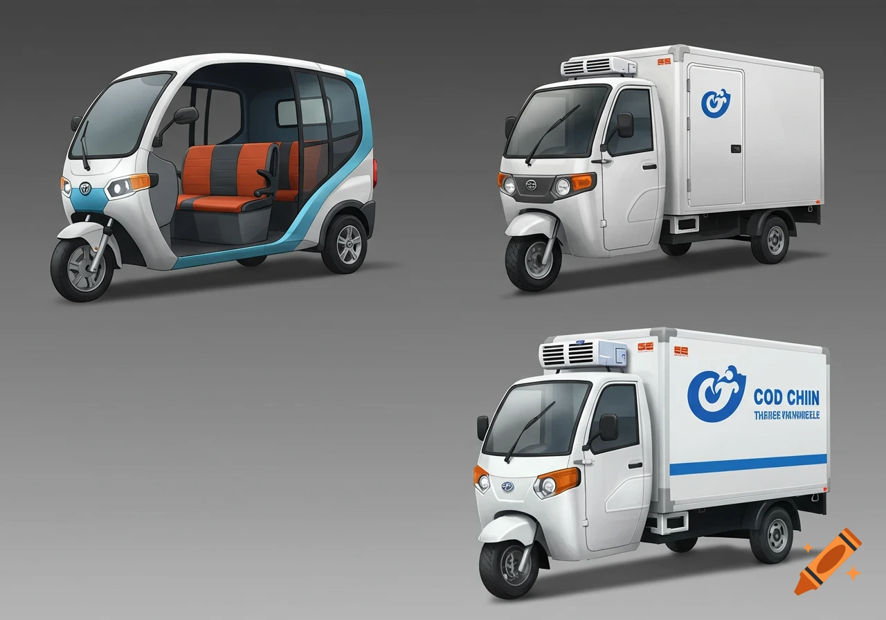 Three detailed renders of white and blue electric three-wheeled vehicles: a passenger rickshaw, a cargo van, and a refrigerated truck.