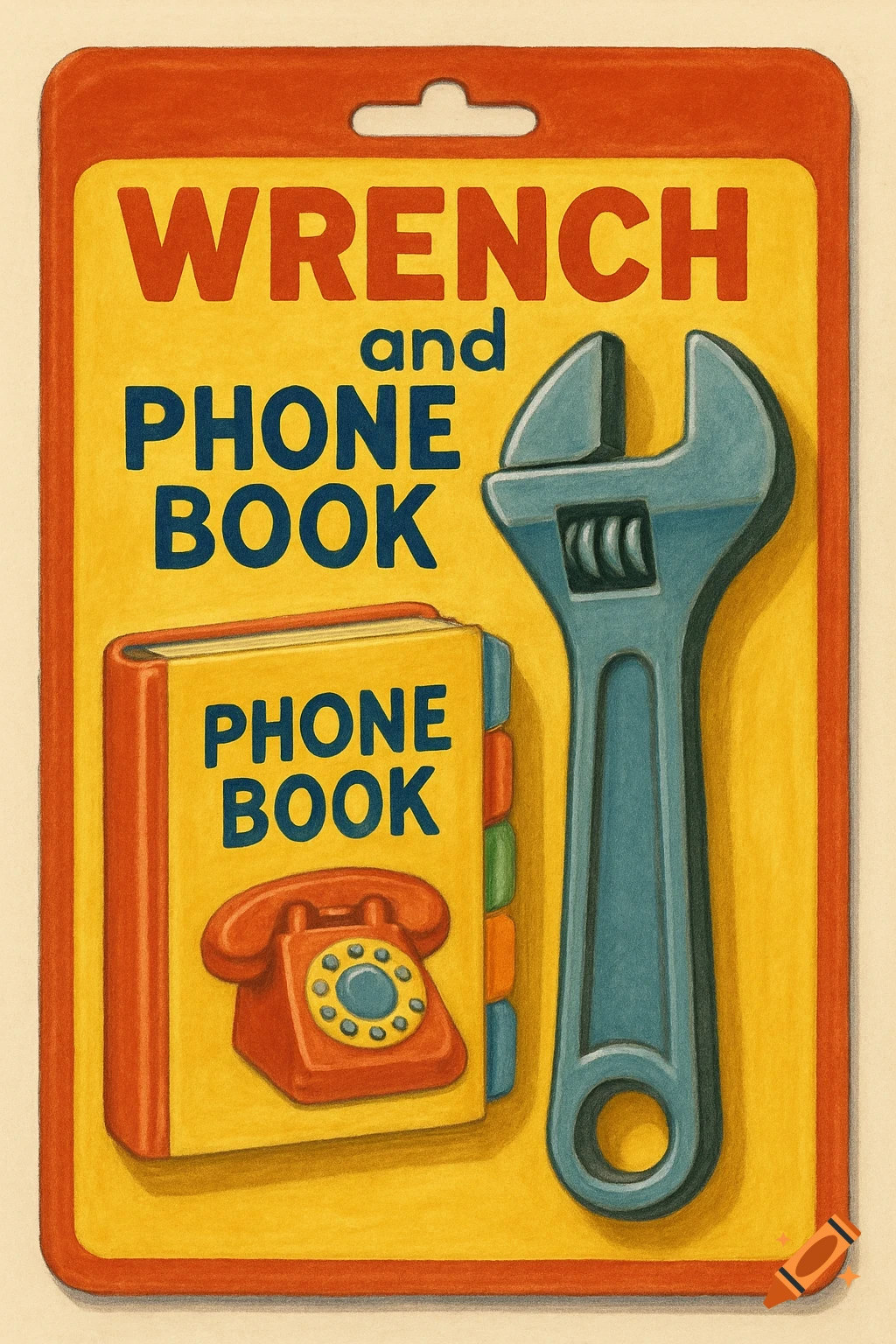 A vintage-style illustration of a toy package for a wrench and a phone book.