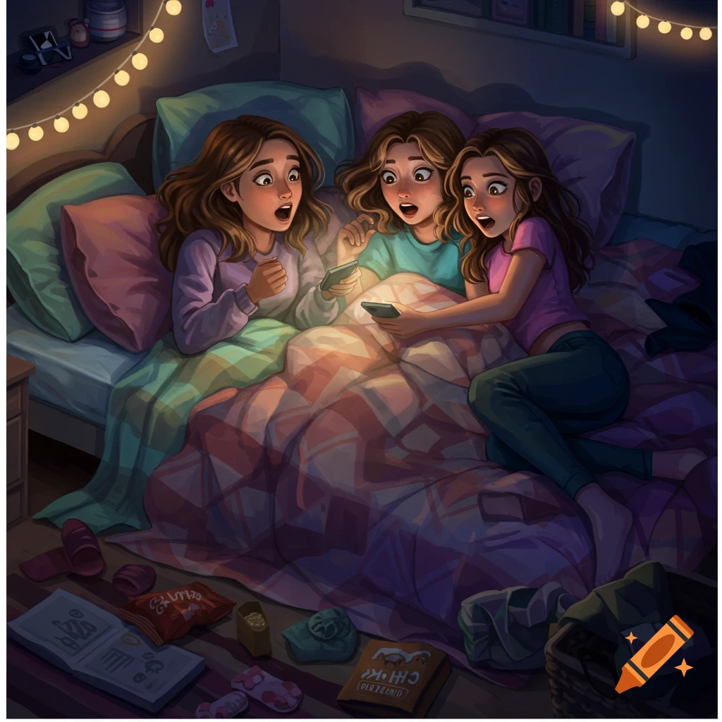 Three young women in pajamas in bed at night, illuminated by phone screens, looking surprised, with snacks on the floor.