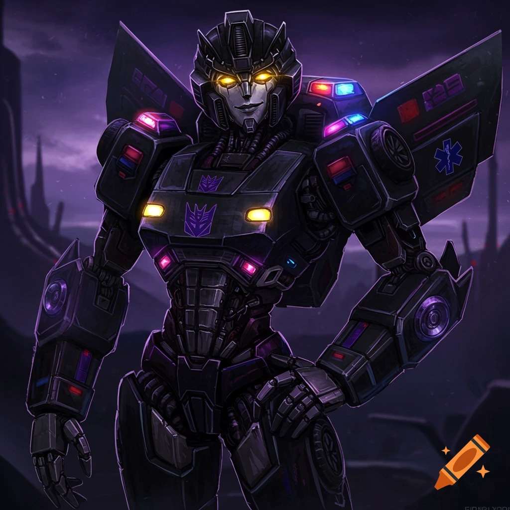A black and purple female Decepticon robot with glowing yellow eyes, purple Decepticon insignia, and medical symbols on her wings.