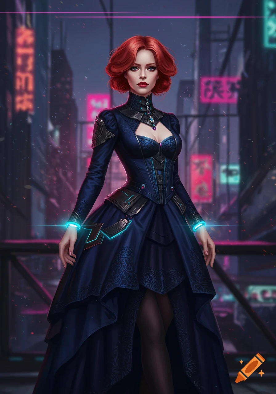 A redhead woman in a navy blue cyber Victorian dress stands in a futuristic  city with neon signs. on Craiyon