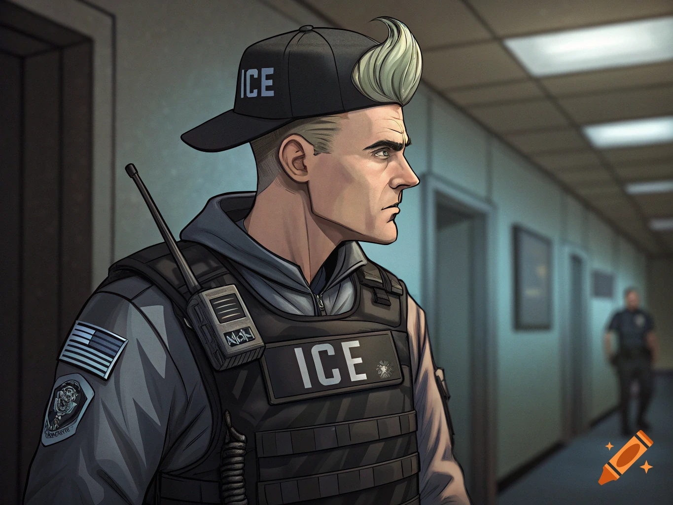 An illustrated man with a tall quiff hairstyle, wearing an ICE cap and tactical vest, standing in a hallway.