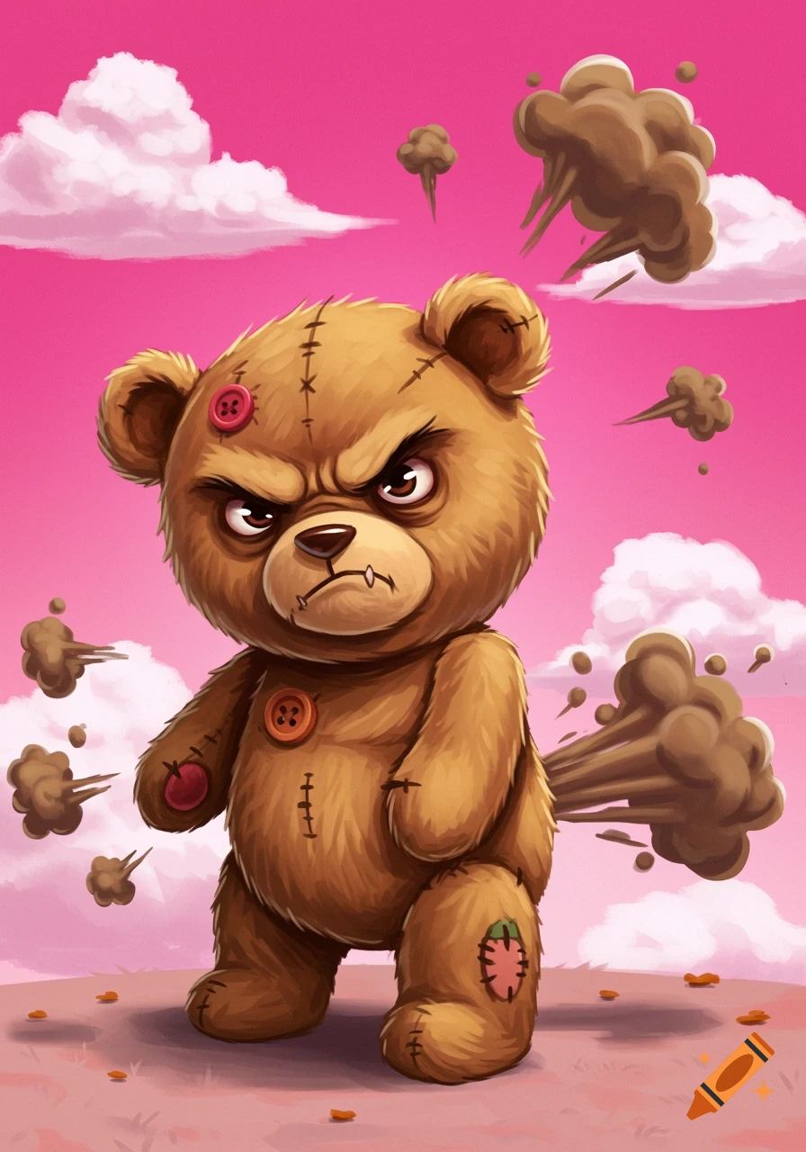 A grumpy cartoon teddy bear with stitches and buttons, farting brown gas clouds against a pink sky with white clouds.