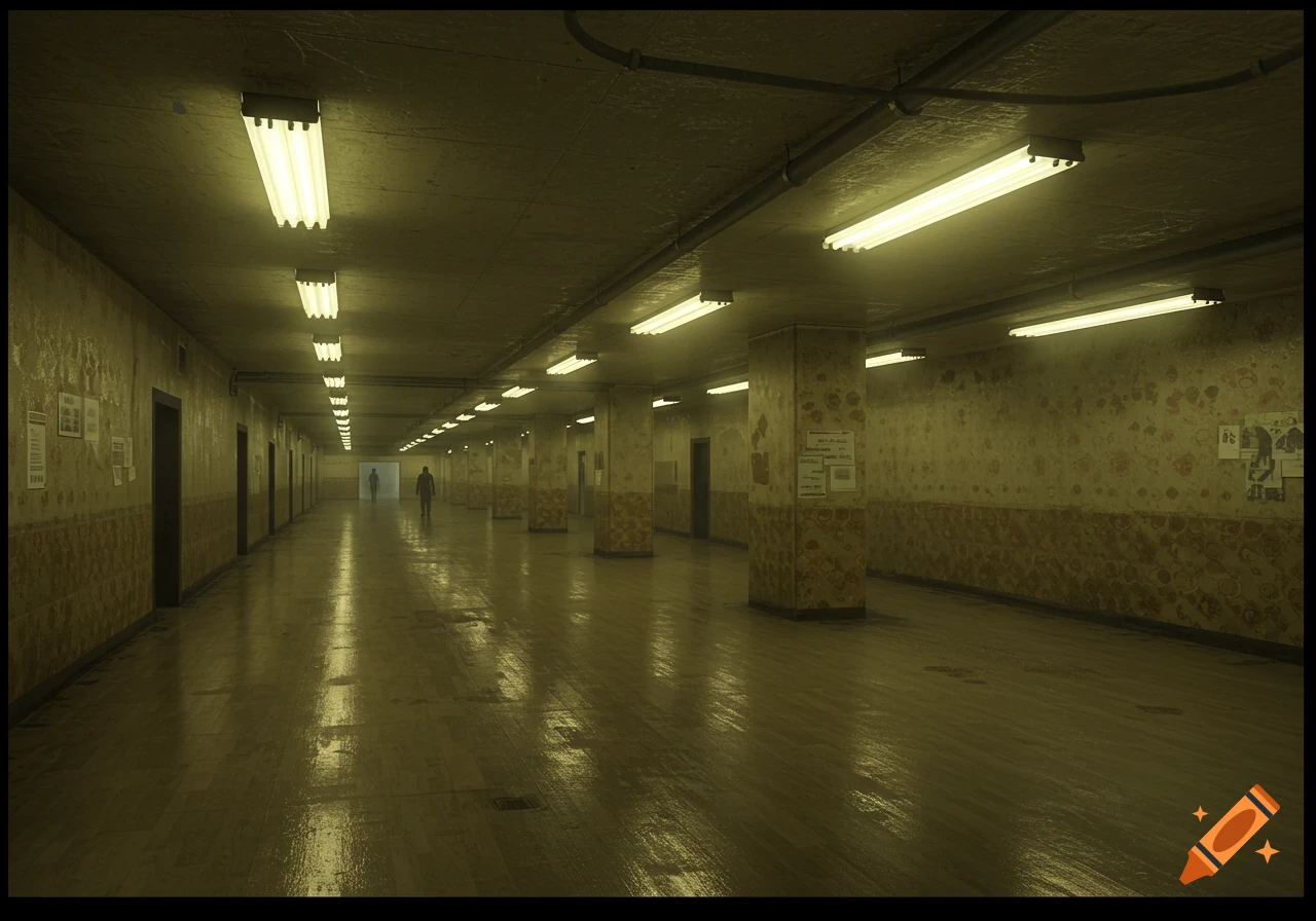 A long, dark, abandoned hallway with fluorescent lights on the ceiling, worn-out walls, and a shiny floor reflecting the light. Two silhouetted figures walk in the distance.