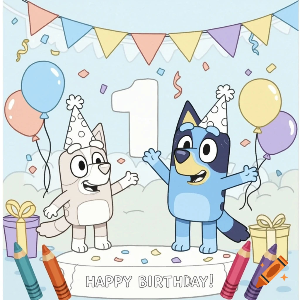 Cartoon Bluey characters celebrating a 1st birthday on a stage with balloons and gifts, in a coloring page style.