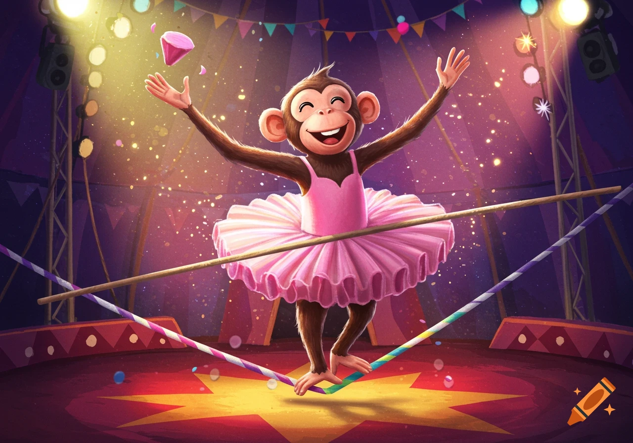 A happy cartoon monkey in a pink tutu balances on a tightrope in a brightly lit circus tent, with colorful flags and sparkling lights.