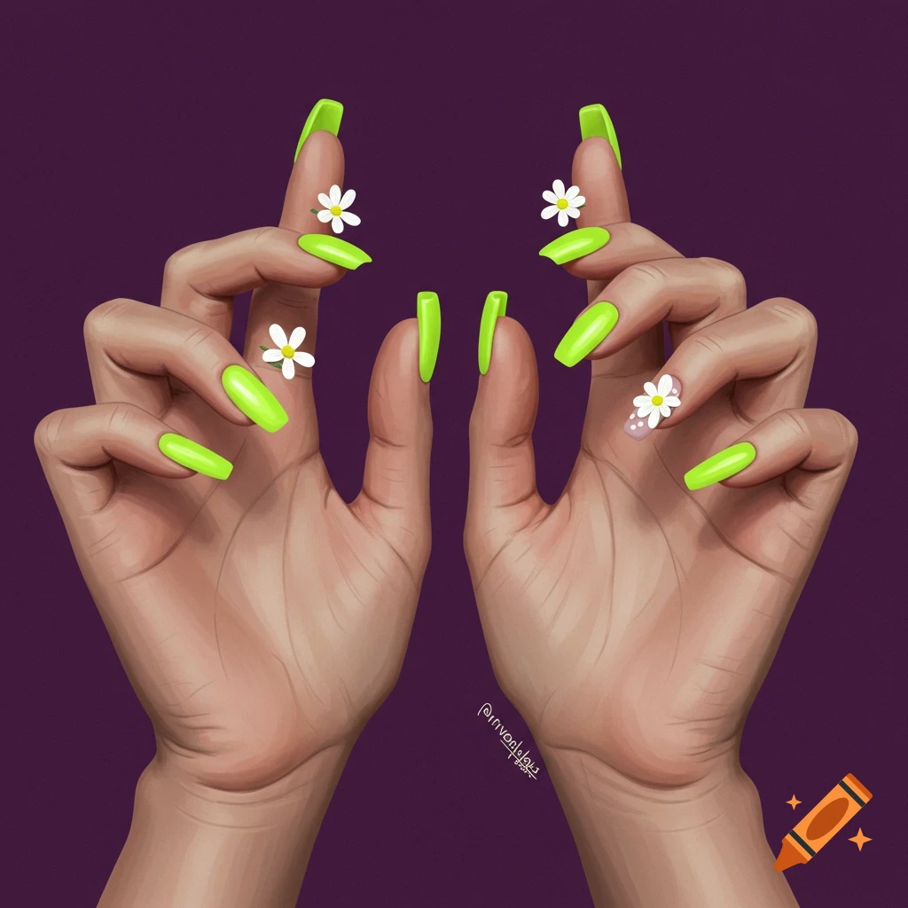Two hands with long, neon green nails adorned with small white flowers on a purple background.