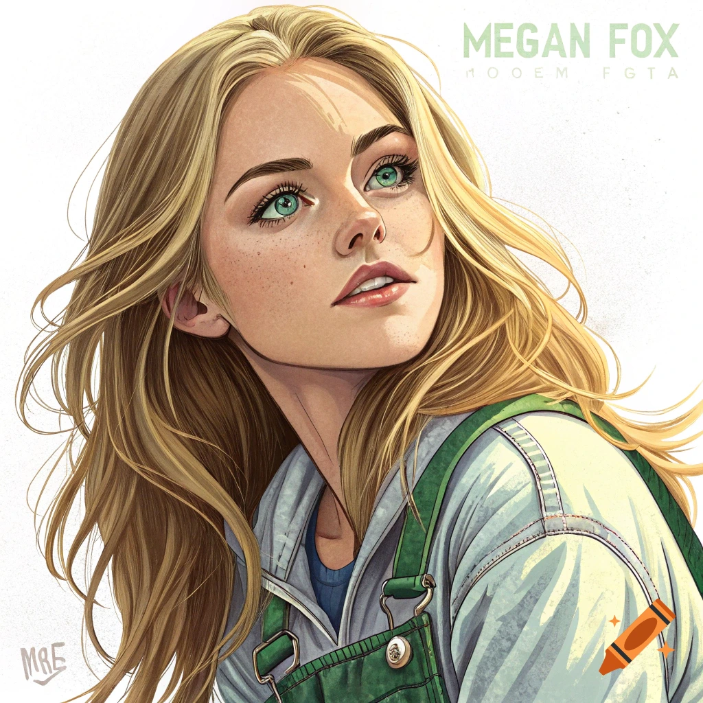 A stylized portrait of a young woman with long blonde hair and green eyes, looking upwards. She wears a grey hoodie and green overalls. The artwork is clean with defined lines.