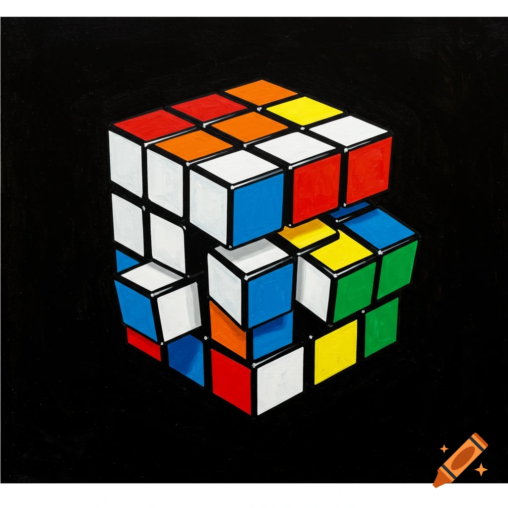 A colorful, scrambled Rubik's Cube with red, orange, yellow, green, blue, and white faces, depicted artistically on a black background.