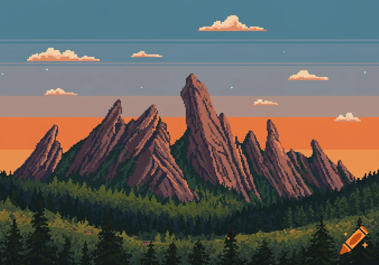 Pixel art landscape of the Flatirons mountains with green forests under a blue and orange sky.