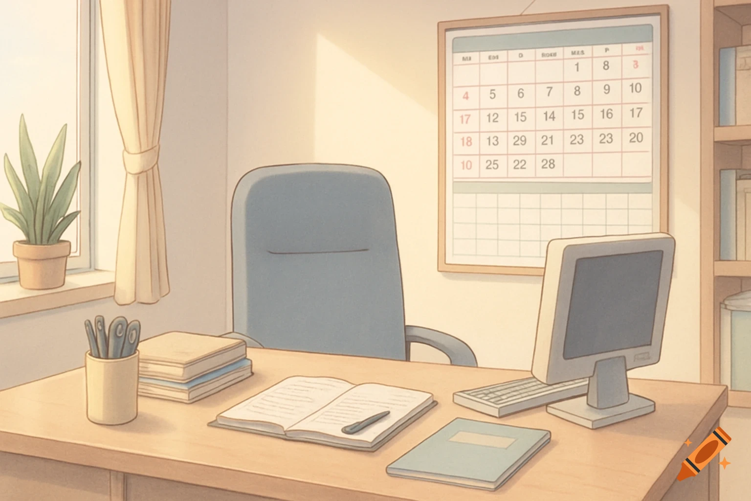 Anime style teacher's office with a desk, chair, computer, plant, and calendar by a window.