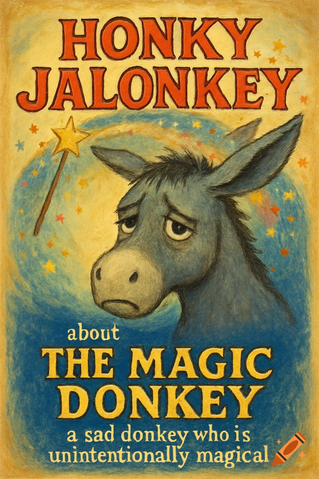 Children's show poster for 'Honky Jalonkey the Magic Donkey' featuring a sad grey donkey and a magic wand, in a crayon art style.