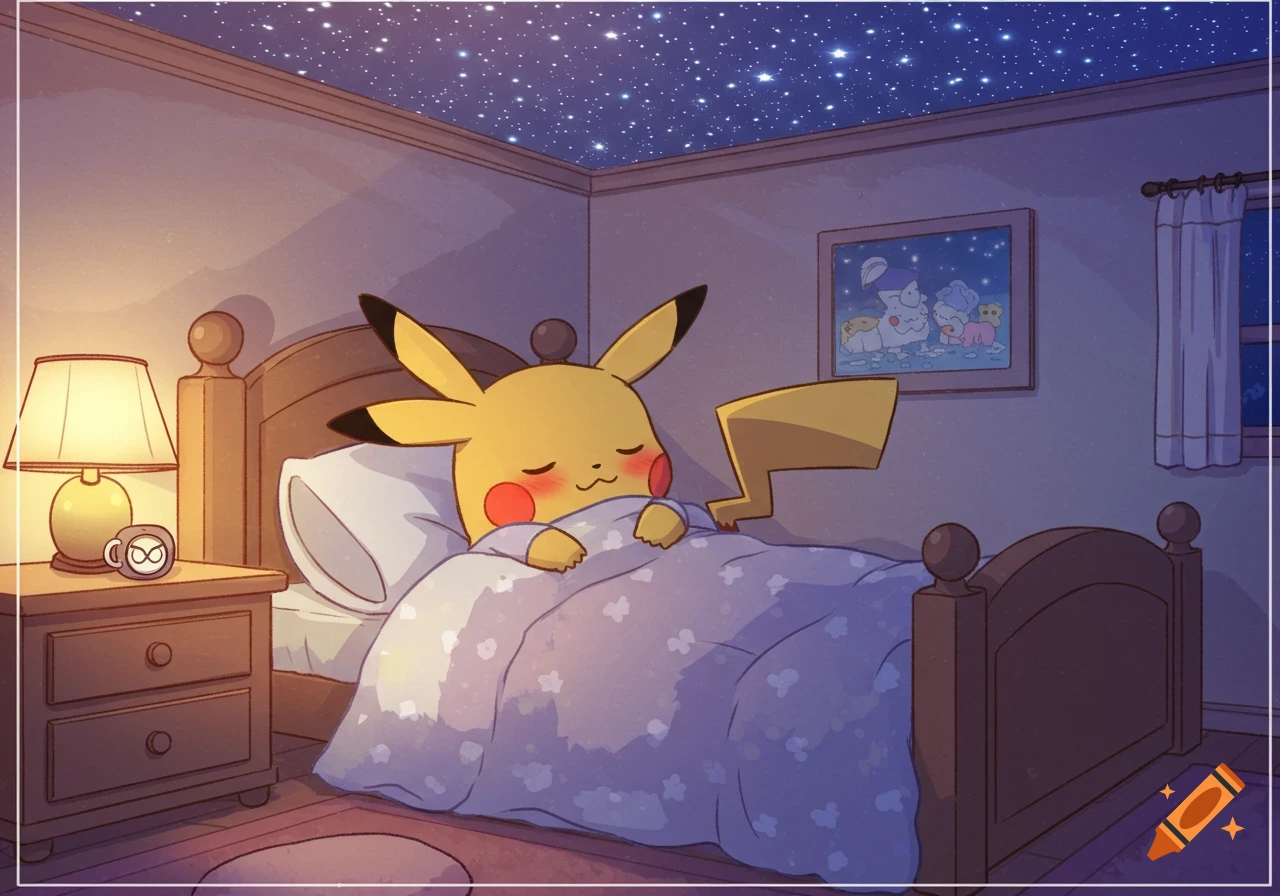 Cute anime illustration of Pikachu sleeping soundly in a cozy bed in a room with a starry ceiling.