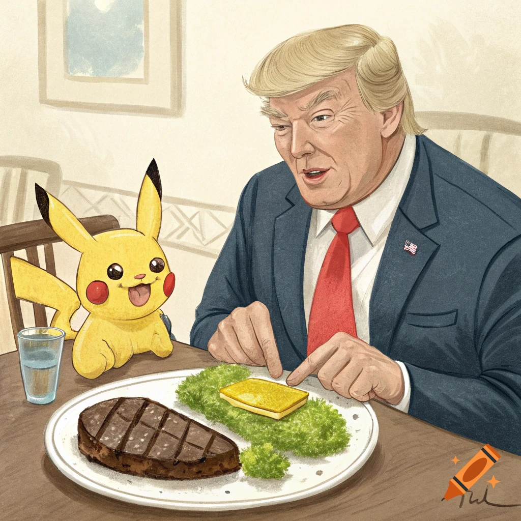 Illustration of Donald Trump and Pikachu sitting at a dinner table, with Trump pointing at a piece of yellow cheese next to a steak and lettuce on a white plate.