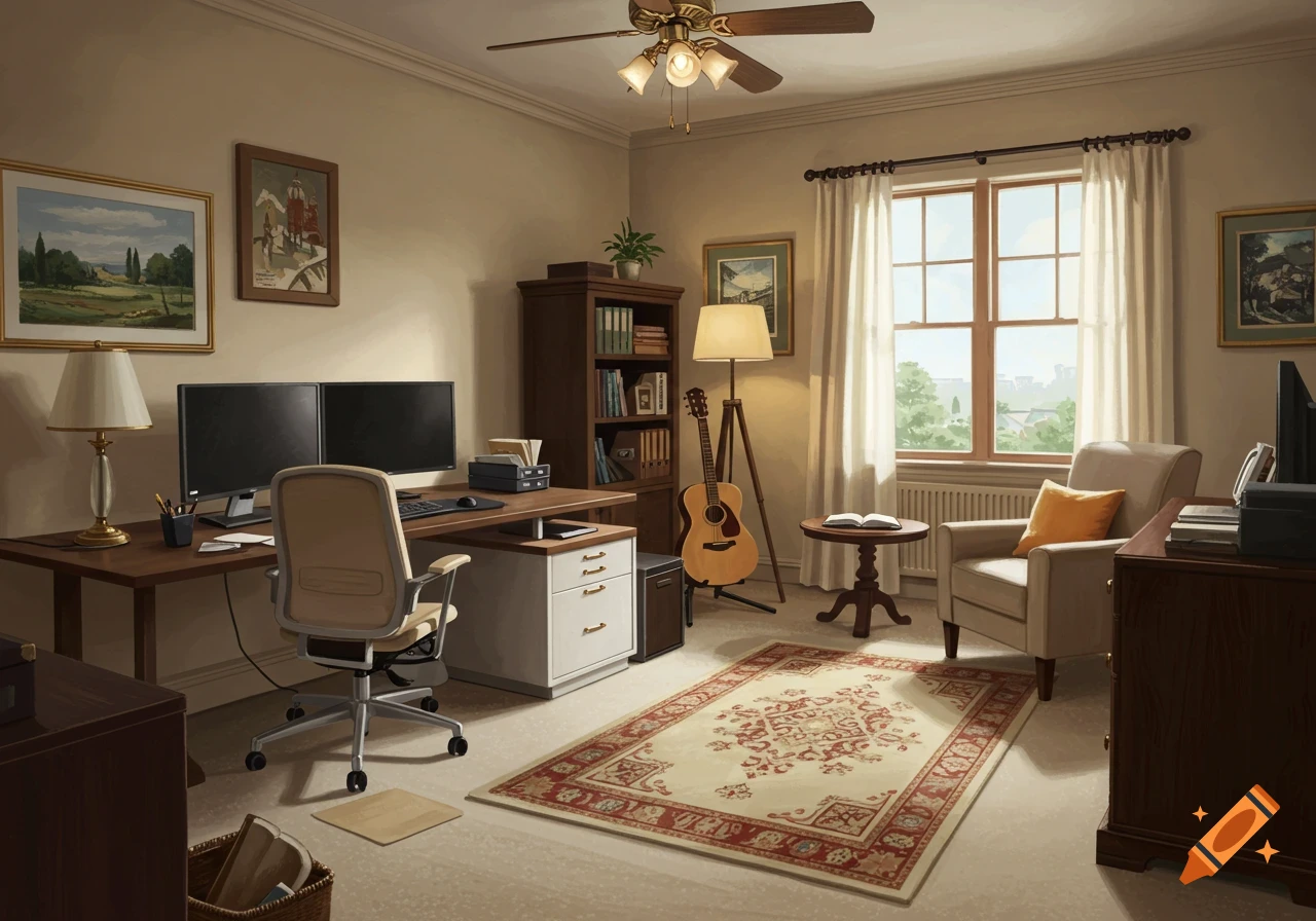 A serene home office in transitional style, featuring a wooden L-shaped desk with dual monitors, an armchair, floor lamp, and a guitar, with natural light from large windows.