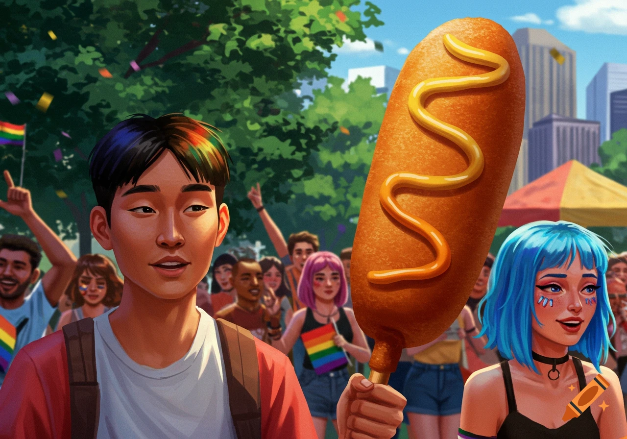 Stylized illustration of people celebrating at a Pride event, with a large corndog in the foreground.
