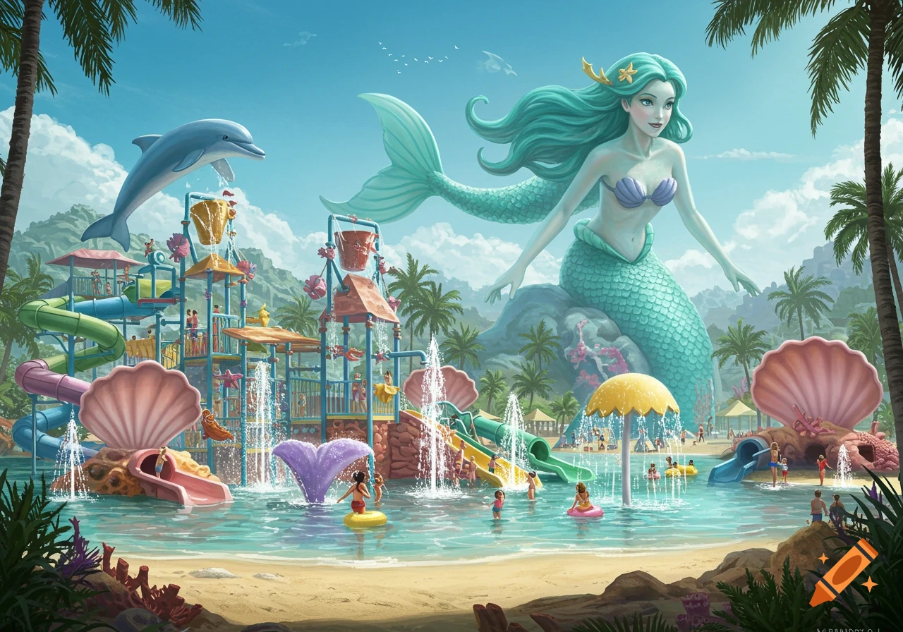 Illustration of a large mermaid statue overlooking a colorful, tropical water park with slides, fountains, and many people swimming.