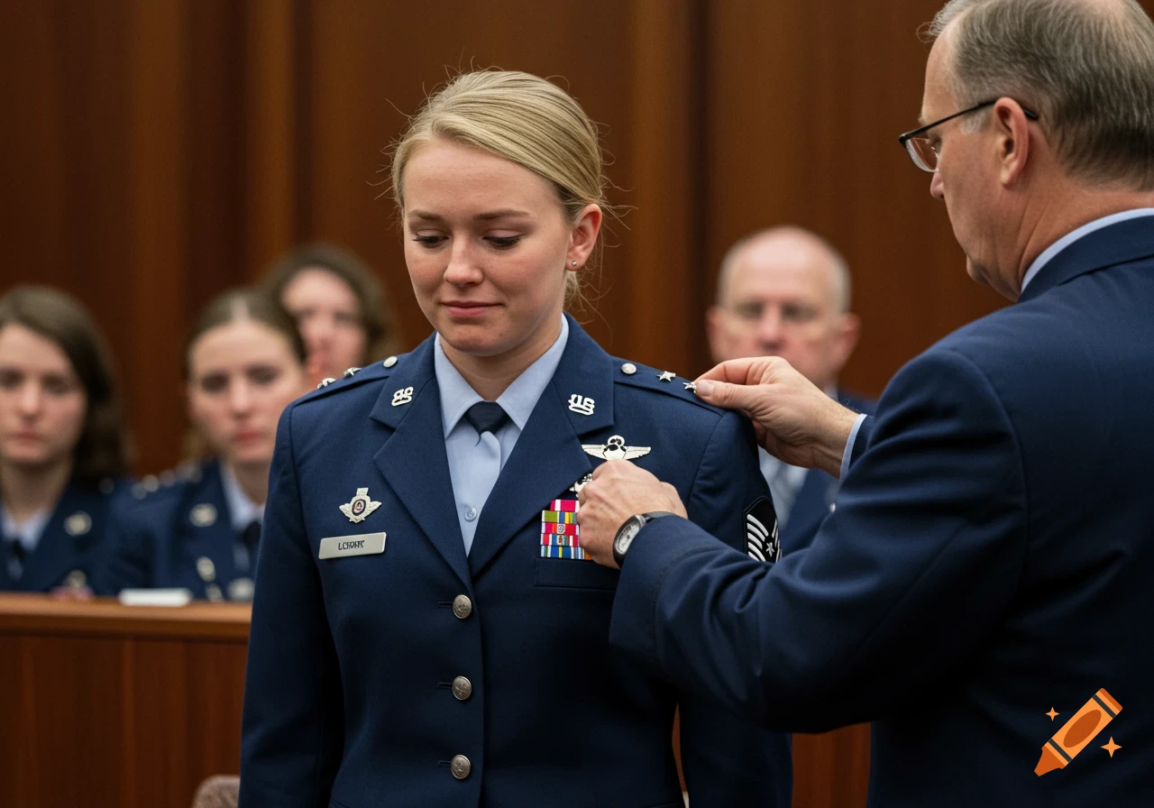 A young blonde woman in an Air Force uniform looks on as a male officer places stars on her shoulder during a ceremony.