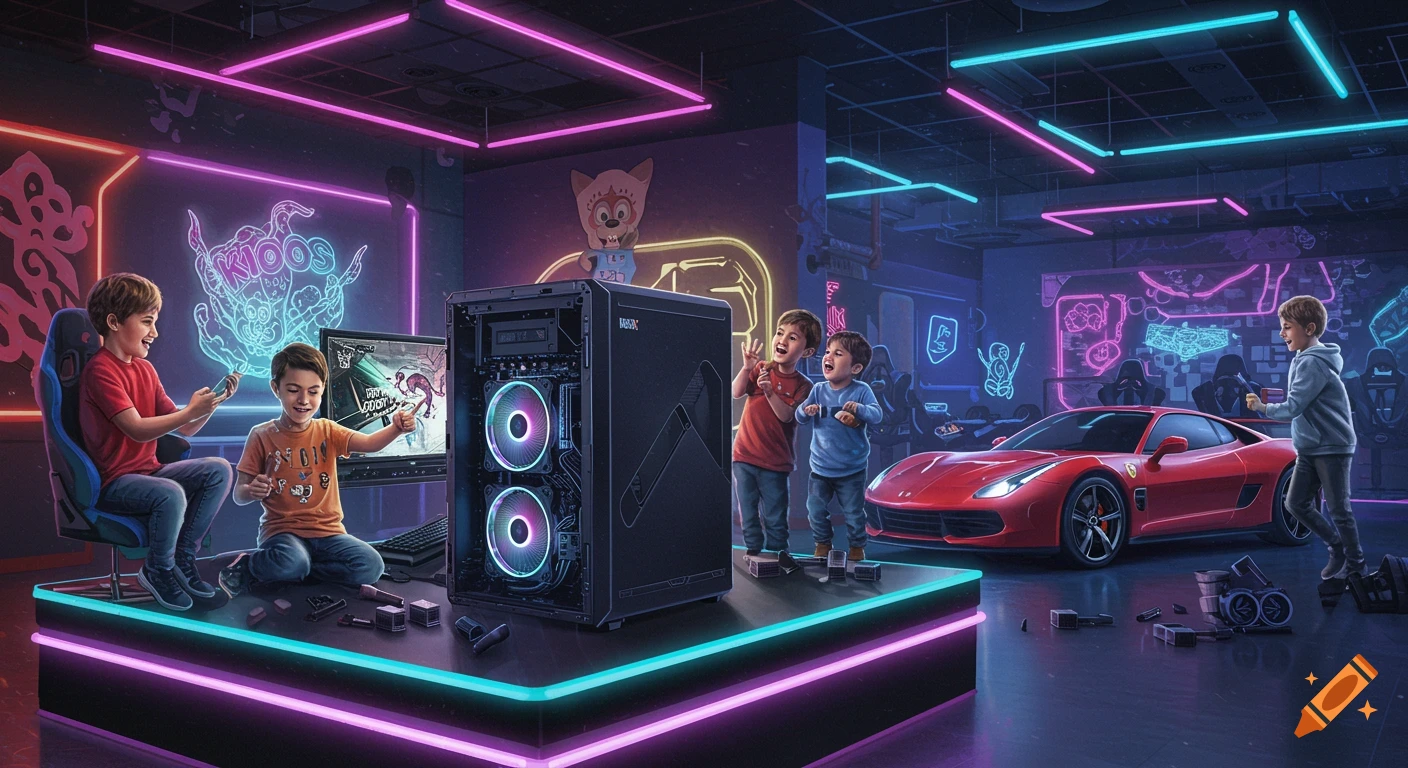 Children in a vibrant, neon-lit gaming club. Boys interact with a disassembled gaming PC, while a red sports car sits nearby.
