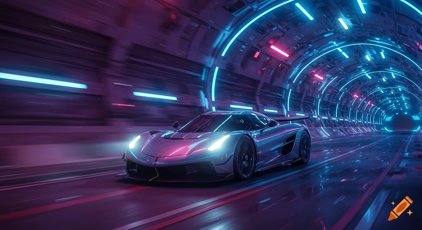 A futuristic Koenigsegg Jesko races through a neon-lit tunnel with motion blur, glowing headlights, in an ultra-realistic style.
