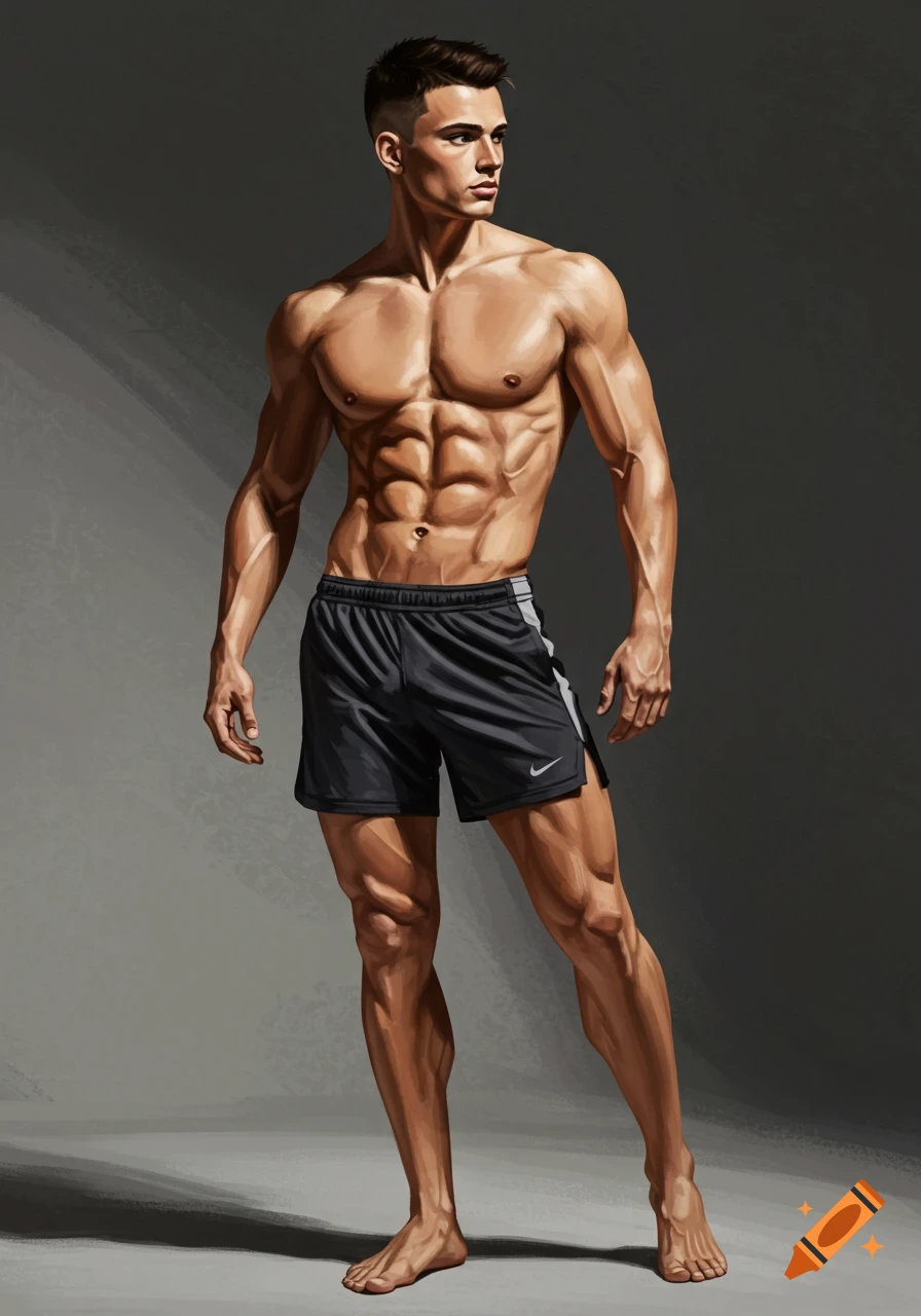 A muscular, shirtless man in athletic shorts poses against a gray background in a realistic digital painting.