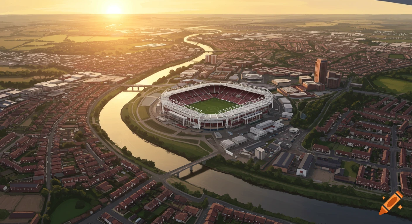 An aerial view of a city at sunset, with a large riverside stadium and a winding river passing through.