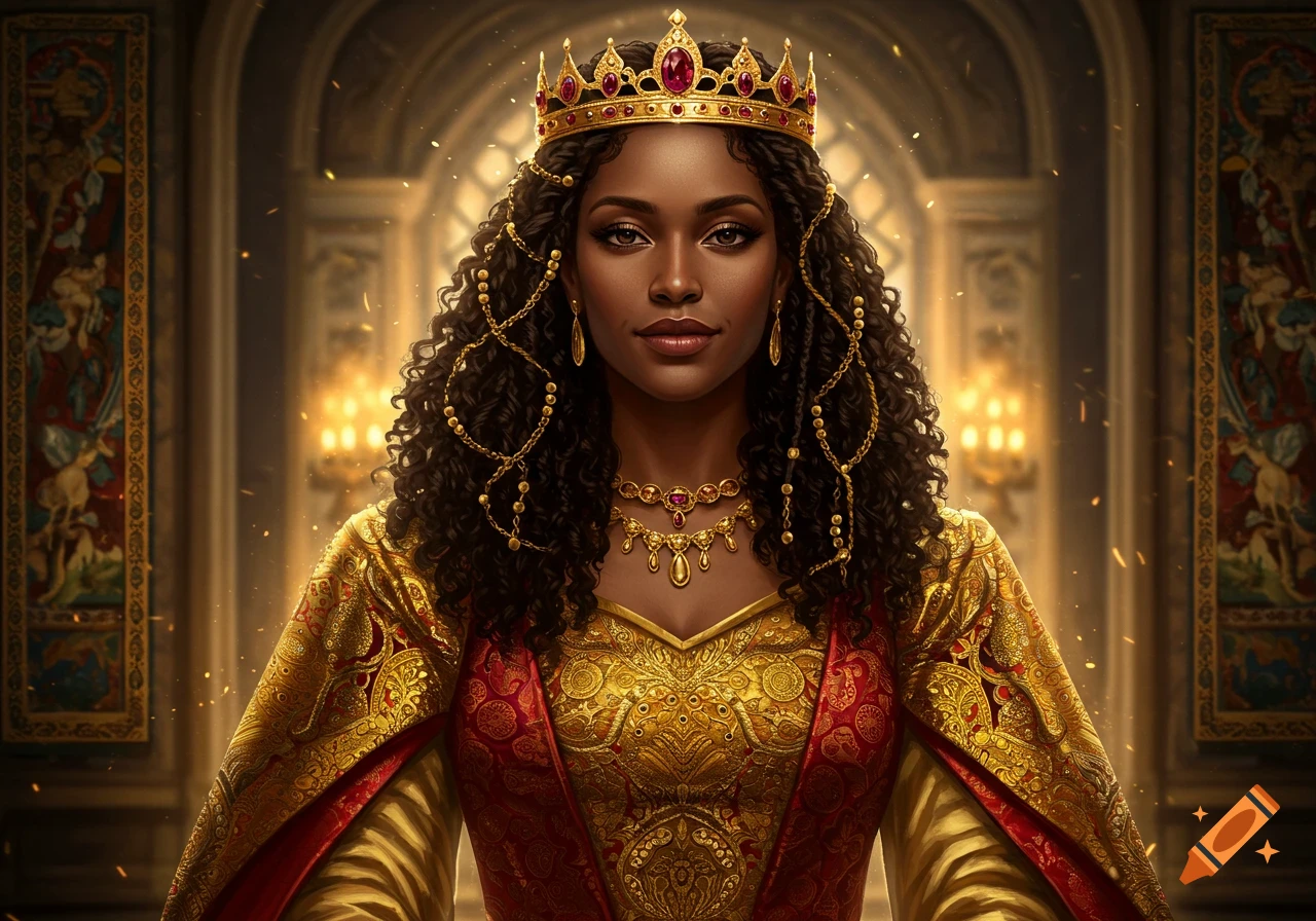 A regal Black princess with long, dark curly hair, wearing a golden ...