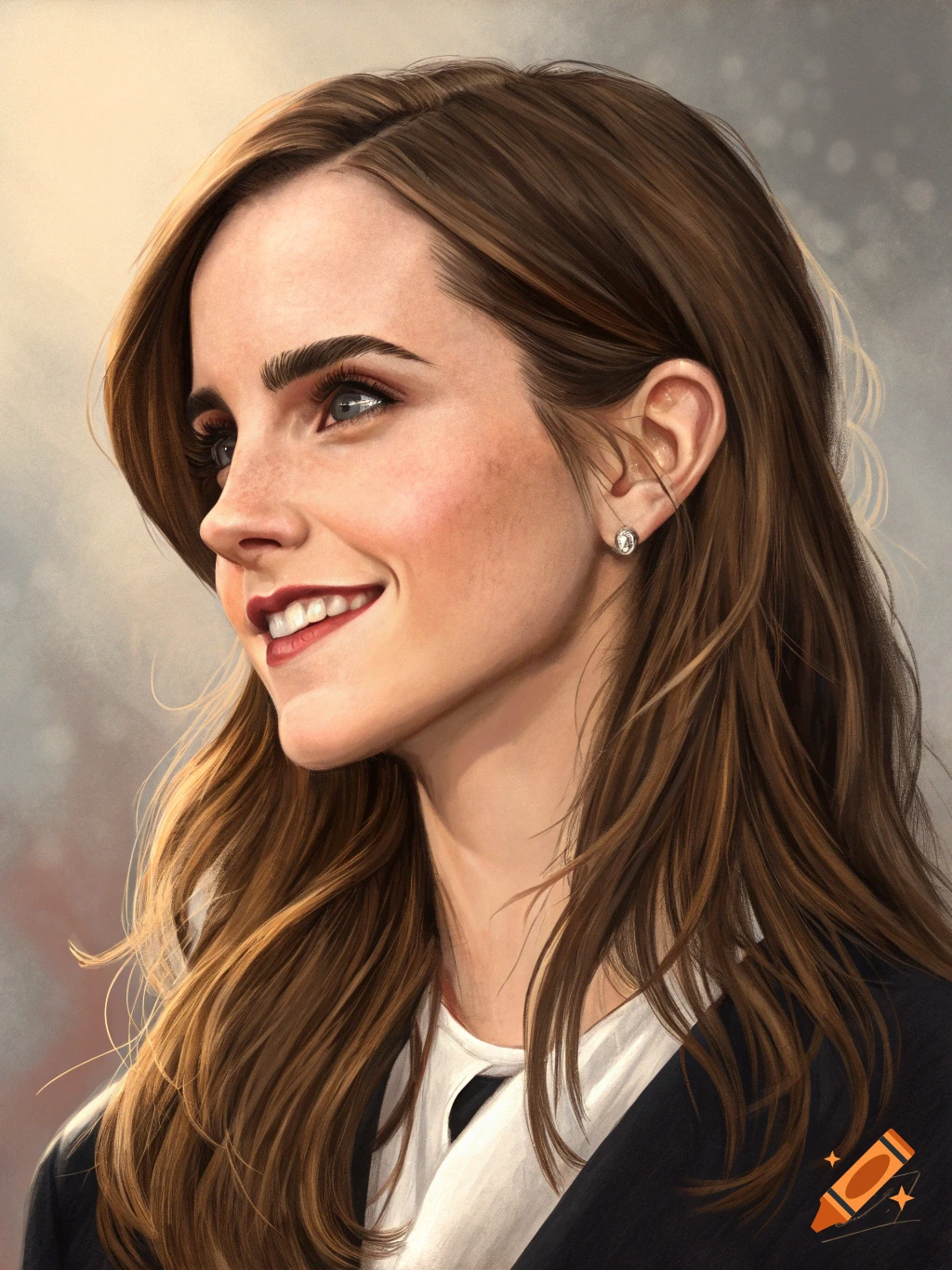 Digital painting portrait of Emma Watson smiling, looking left.