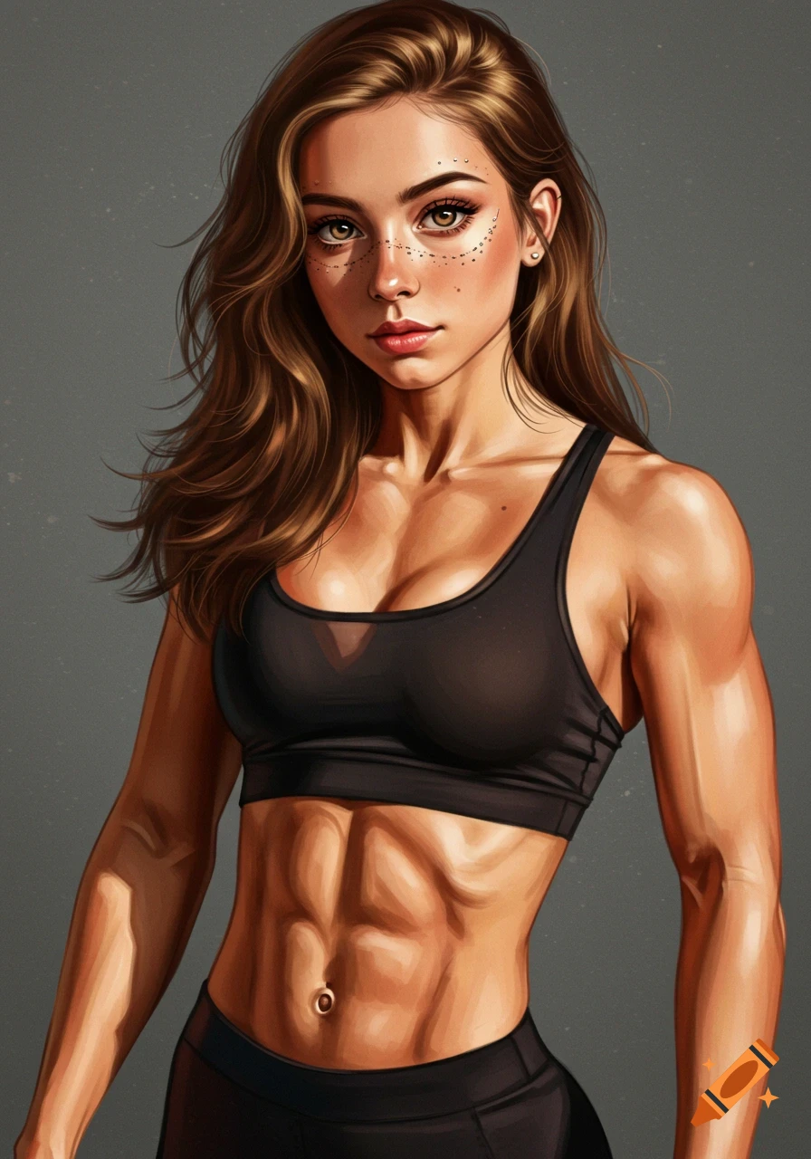 A fit, muscular woman with long brown hair, wearing a black sports bra and leggings, in a digital painting.