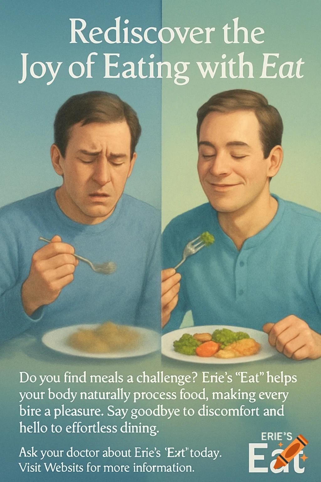 Split image advertisement showing a man grimacing while eating on the left, and smiling while eating healthy food on the right, promoting 'Eat'.