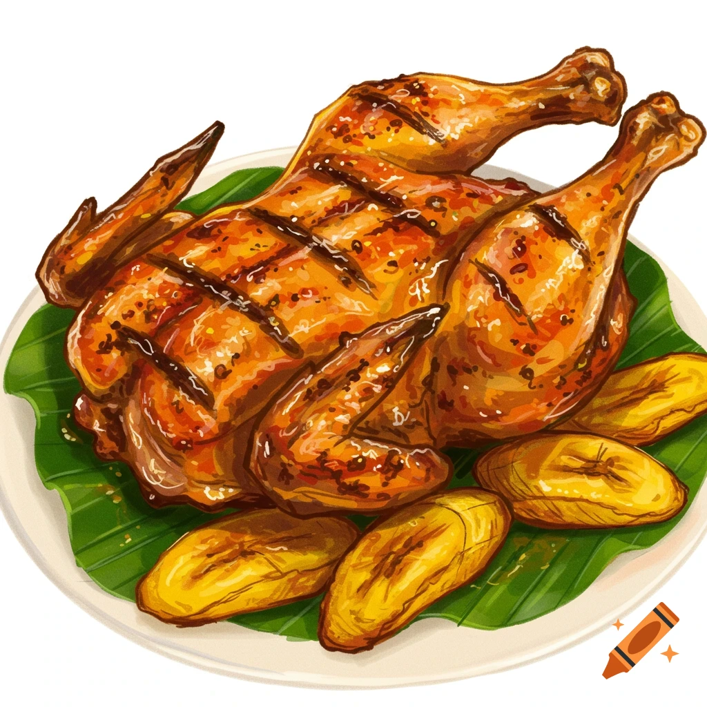An illustration of a whole roasted chicken with grill marks, served on green leaves with fried plantains on a white plate.